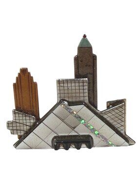 City Skyline Brooch Pin With Metallic & Wood Accents Signed KG Vintage Collectib